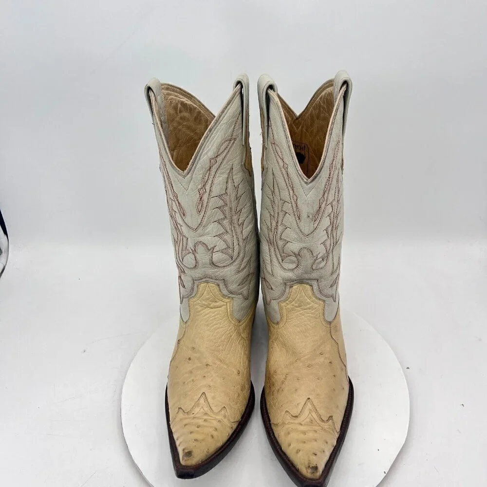 Yoncer Men Size 8 Cream White Leather Pointed Toe Pull On Western Cowboy Boot